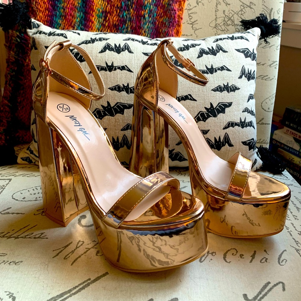 NastyGal Chrome Rose Gold Platform Heels